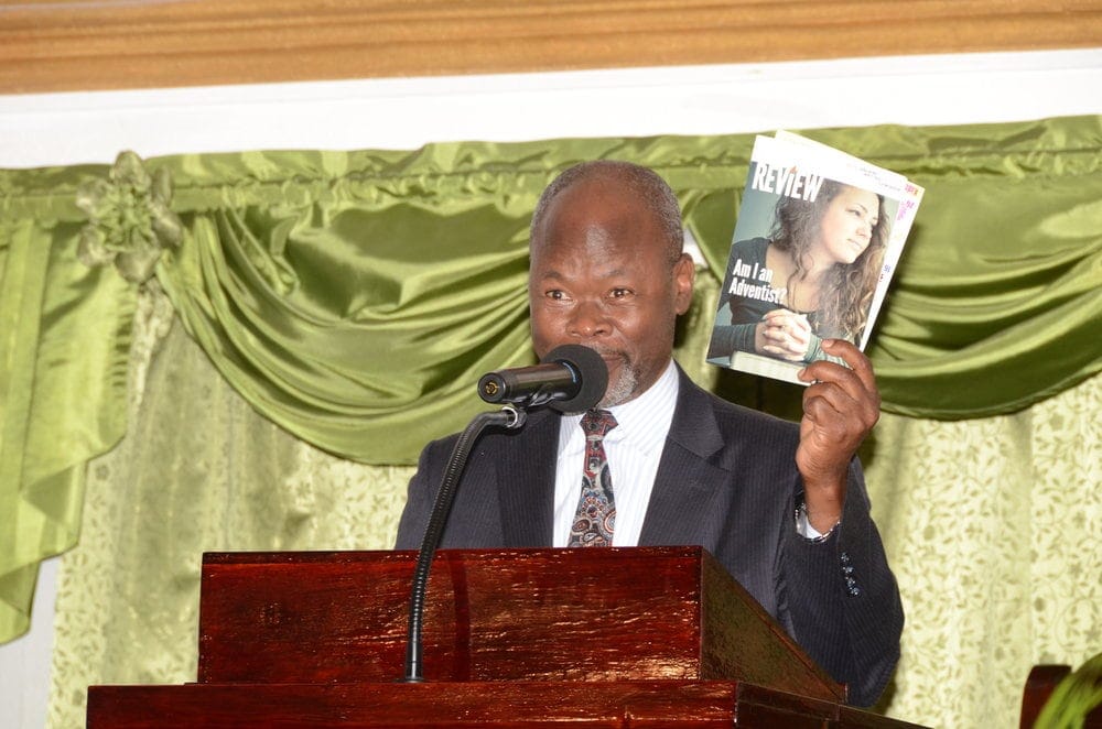 Lael Caesar introducing a Guyanese Adventist audience to the redesigned Adventist Review during the fourth Quadrennial Session of the Guyana Conference of Seventh-day Adventists. (Courtesy of Lael Caesar)