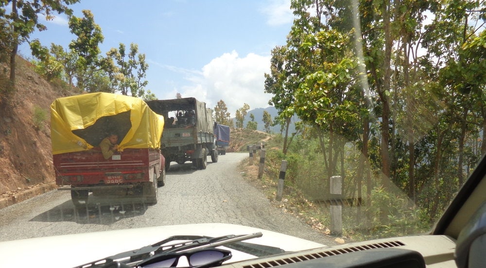 Local Adventist leader Umesh Pokharel took this photo of troops escorting relief vehicles out of Kathmandu on Thursday.