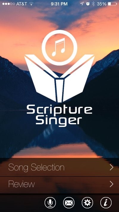 The home menu of the Scripture Singer app on the Apple IOS.
