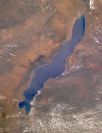 The view from orbit of Lake Malawi, which measures 365 miles (587 kilometers) north to south and 52 miles (84 kilometers) wide. Nkhata Bay is located roughly two-thirds up the western shore. Photo: Wikicommons