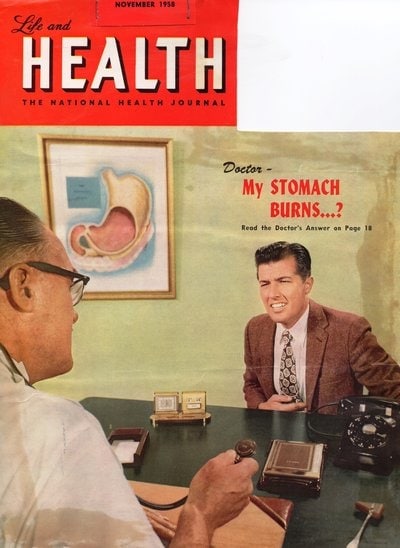 Loor posing as a patient suffering from ulcers on the front cover of Life and Health, now known as Vibrant Life, in 1958.