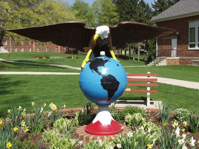 An eagle statue outside the administrative building at Mount Vernon Academy was donated by Albert and Thelma Moore of Columbus, Ohio, in 1935. Photo: Ohio Conference