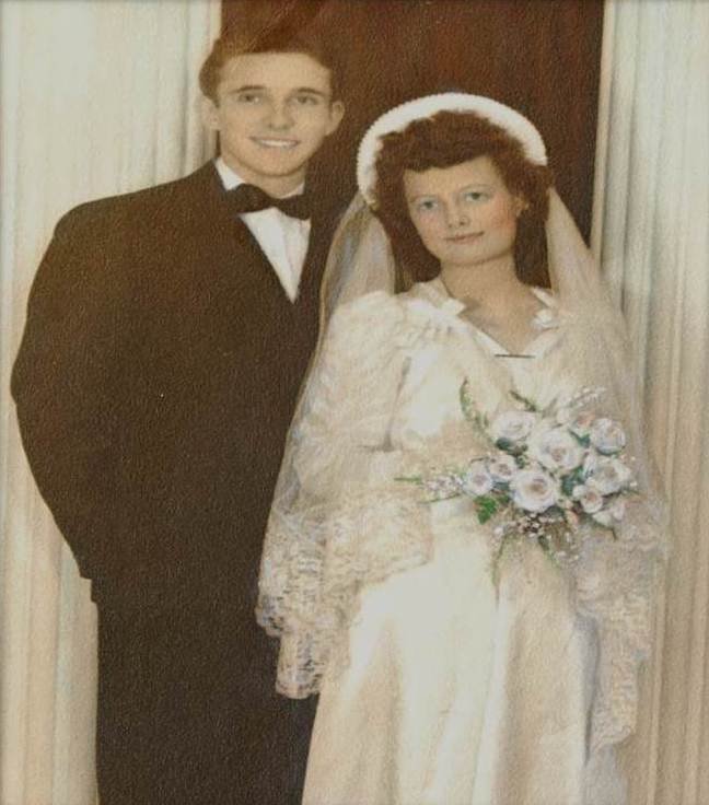 Francis and Mary Sue Wernick posing for their wedding photo in May 1942.