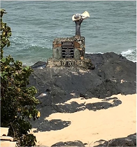 A monument called “Dolphijn’s Hand” on the coast of Apam commemorates the origin of the Seventh-day Adventist Church in Ghana (c. 1888). [Courtesy of Kwame Boakye Kwanin]