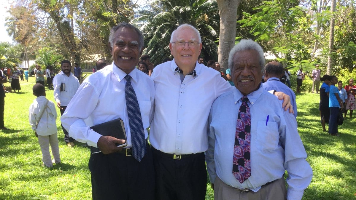 Pioneering Sonoma Adventist College students Jim Manele and John Hamura with the college’s first principal, Alexander Currie (center), in September 2018, at the 50th anniversary celebrations of Sonoma’s opening. [Photo: Adventist Record]