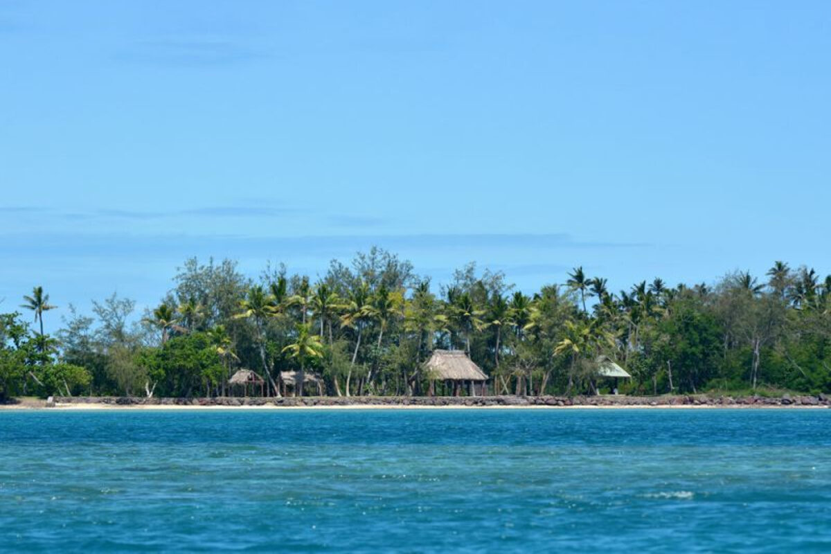 Tropical shoreline with palm trees and small thatched huts along the beach, viewed from the water.