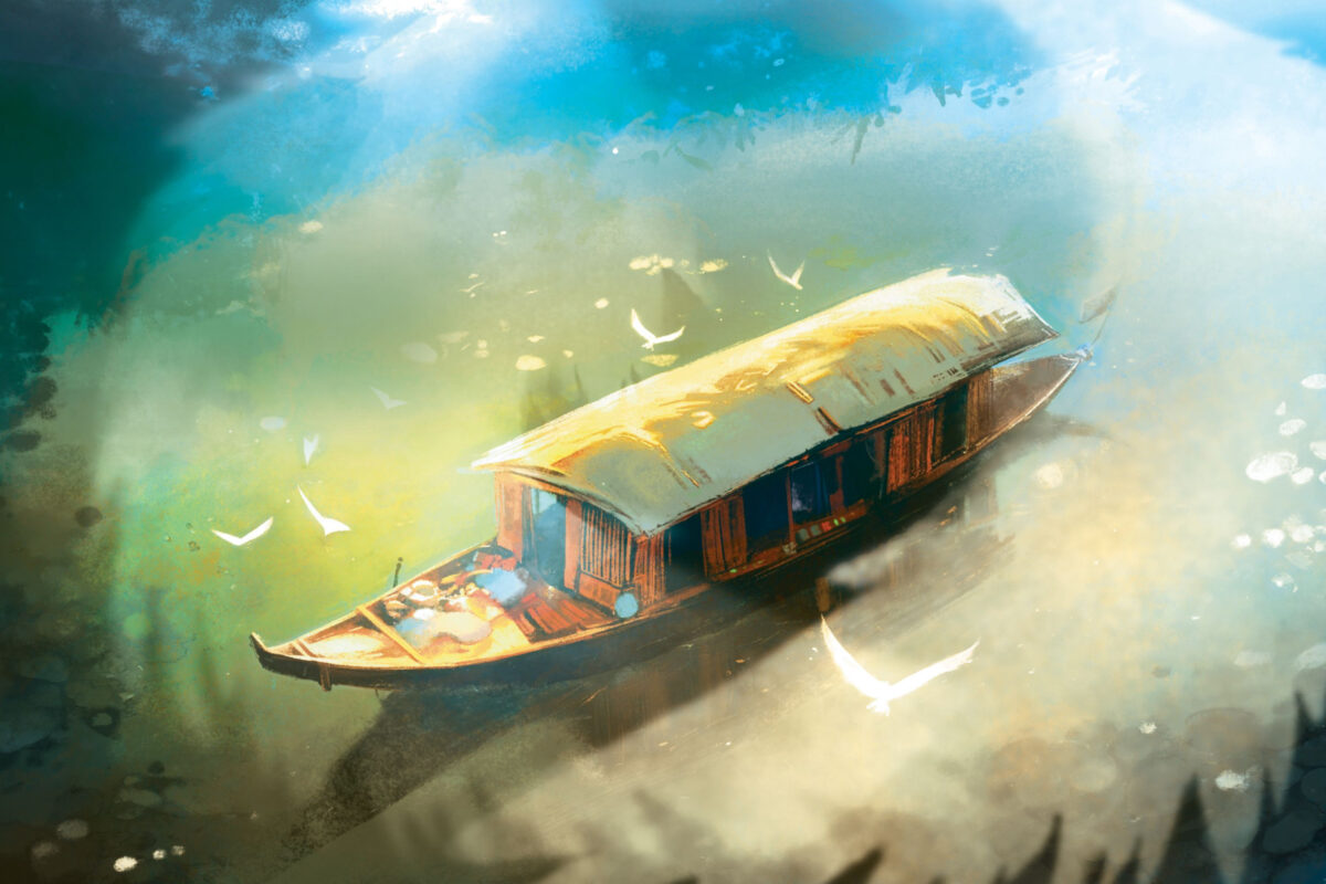 A small illustrated mission-style wooden boat glides along a calm, glowing river with birds flying nearby.