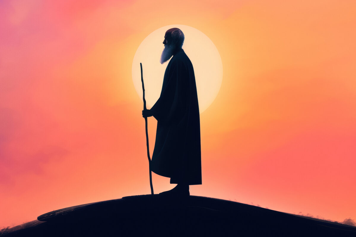 A robed figure with a long beard stands on a hill holding a staff, silhouetted against a glowing sunset.