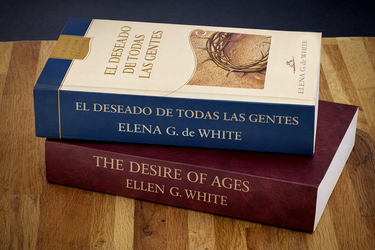 Spanish and English versions of The Desire of Ages rest one atop the other