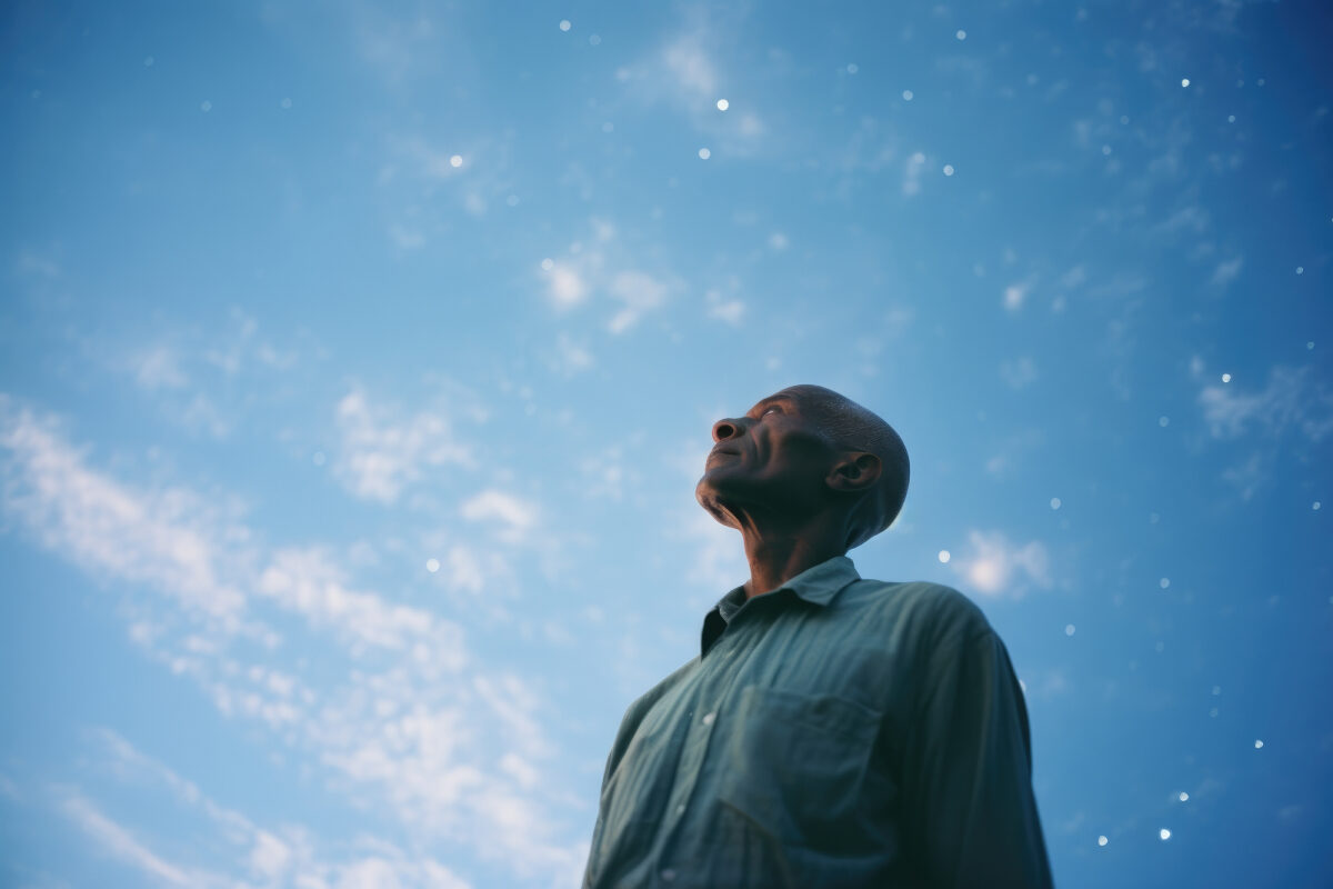 Standing beneath a vast blue sky, a man gazes upward in quiet reflection.