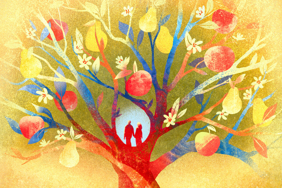 A vibrant tree filled with fruit and blossoms surrounds a couple standing together at its center holding hands.